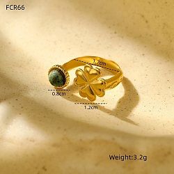 Natural Gemstone Open Cuff Rings for Women, 304 Stainless Steel Finger Rings, Golden, Clover, Inner Diameter: 18mm(RJEW-S415-02G-02)