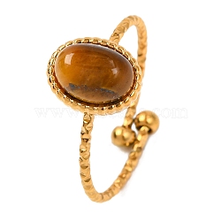 Oval Natural Tiger Eye Finger Rings, Golden Tone 304 Stainless Steel Cuff Rings for Women, Oval: 8x10x5mm, Inner Diameter: Adjustable(RJEW-Q822-38G-03)