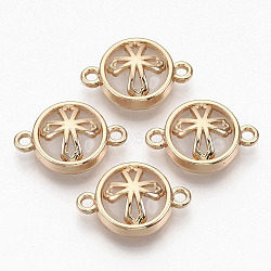 Glass Links connectors, with Light Gold Plated Alloy Findings, Flat Round with Cross, Clear, 13.5x19.5x5.5mm, Hole: 1.6mm(X-GLAA-T015-12H)