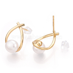 Natural Pearl Teardrop Stud Earrings, Brass Earrings with 925 Sterling Silver Pins, Cadmium Free & Nickel Free & Lead Free, Real 18K Gold Plated, 16.5x10mm, Pin: 0.8mm(PEAR-N017-06B)