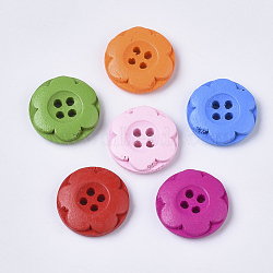 4-Hole Spray Painted Maple Wood Buttons, Flat Round with Flower, Mixed Color, 19x4.5mm, Hole: 2mm(BUTT-T006-012)