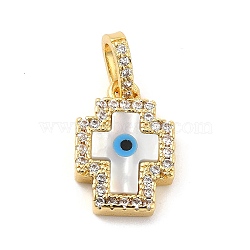 Brass Micro Pave Cubic Zirconia Pendants, with Cellulose Acetate(Resin) Evil Eye, Golden, Cross, 15.5x10.5x3mm, Hole: 5x3.5mm(KK-C009-02G)