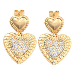 Brass Pave Clear Cubic Zirconia Stud Earrings, Heart, Heart, 30x20mm(EJEW-U005-06G)