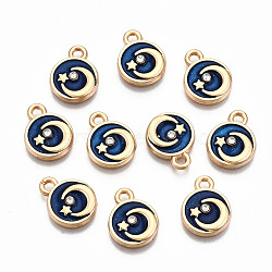 Alloy Enamel Charms, with Crystal Rhinestone with Glitter Powder, Cadmium Free & Lead Free, Flat Round with Moon, Light Gold, Blue, 13x10x2mm, Hole: 1.6mm(X-ENAM-S126-008-RS)