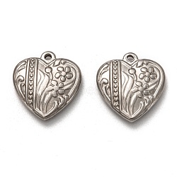 Non-Tarnish 304 Stainless Steel Pendants, Heart with Flower, Stainless Steel Color, 19.5x18x4mm, Hole: 1.6mm(STAS-P257-05P)