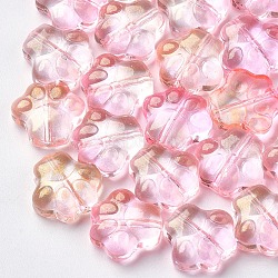 Transparent Spray Painted Glass Beads, with Glitter Powder, Dog Paw Prints, Pink, 11x12x4.5mm, Hole: 1mm(X-GGLA-S054-008B-03)