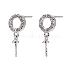 925 Sterling Silver Cubic Zirconia Stud Earring Findings, Platinum, Ring, Clear, 15x7x1.8mm, Tray: 3mm, Pin: 0.7mm and 0.8mm(STER-I016-090P)
