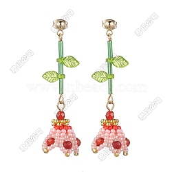 Dyed Natural Agate Dangle Stud Earrings, with Glass Seed & Acrylic, Flower with Life, Golden, Red, 55x17mm(EJEW-FS00085)