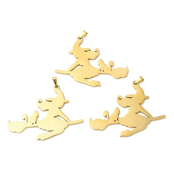 Ion Plating(IP) Halloween 304 Stainless Steel Big Pendants, Witch Charm, Golden, 39x50x1.5mm, Hole: 6.5x3mm
