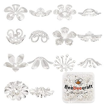 70Pcs 7 Style Brass Bead Caps, Flower, 925 Sterling Silver Plated, 10~15.5x12.5~16x0.5~4mm, Hole: 0.9~1.5mm, 10pcs/style