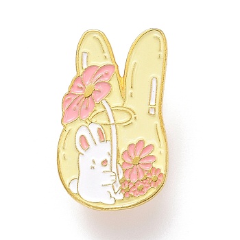 Rabbit with Flower Enamel Pin, Animal Alloy Enamel Brooch for Backpack Clothes, Golden, Champagne Yellow, 30x18x9.5mm, Pin: 1mm.