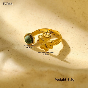 Natural Gemstone Open Cuff Rings for Women, 304 Stainless Steel Finger Rings, Golden, Clover, Inner Diameter: 18mm