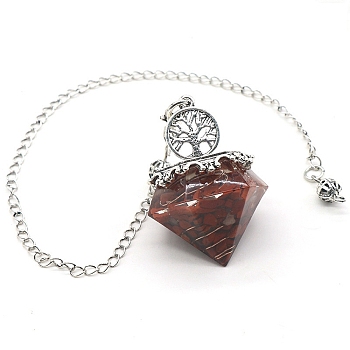 Natural Red Jasper Chip & Resin Dowsing Pendulum Big Pendants, with Platinum Plated Metal Tree of Life, Diamond Charm, 290mm