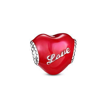 TINYSAND Rhodium Plated 925 Sterling Silver European Bead, with Enamel, Heart with Word Love, For Valentine's Day, Platinum, Red, 11.97x9.34x10.72mm, Hole: 4.66mm