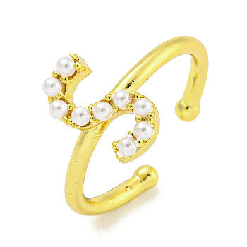 Rack Plating Brass Open Cuff Rings for Women, with ABS Imitation Pearl, Cadmium Free & Lead Free, Long-Lasting Plated, Letter, Letter S, Inner Diameter: 17mm, Letter S: 12x7.5mm.