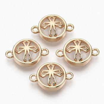 Glass Links connectors, with Light Gold Plated Alloy Findings, Flat Round with Cross, Clear, 13.5x19.5x5.5mm, Hole: 1.6mm