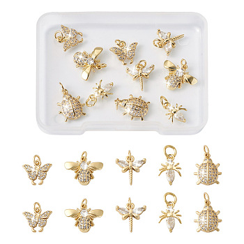 10Pcs 5 Style Brass Micro Pave Cubic Zirconia Pendants, Butterfly & Dragonfly & Bees, Golden, 10.5~13x8~17x2~3.5mm, Hole: 1.8~3.8mm, 2pcs/style