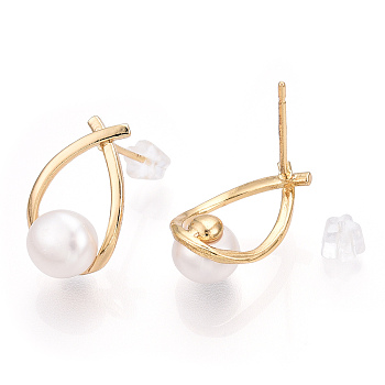 Natural Pearl Teardrop Stud Earrings, Brass Earrings with 925 Sterling Silver Pins, Cadmium Free & Nickel Free & Lead Free, Real 18K Gold Plated, 16.5x10mm, Pin: 0.8mm