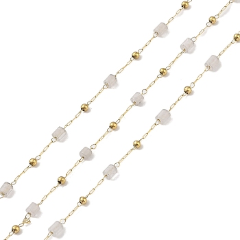 Ion Plating(IP) 304 Stainless Steel Link Chains, Natural White Jade Beads & Spool, Soldered, Real 18K Gold Plated, 6.5x2.7mm, about 32.81 Feet(10m)/Roll