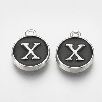 Alloy Enamel Charms, Flat Round with Letter, Platinum, Black, Letter.X, 14x11.5x2.5mm, Hole: 1mm