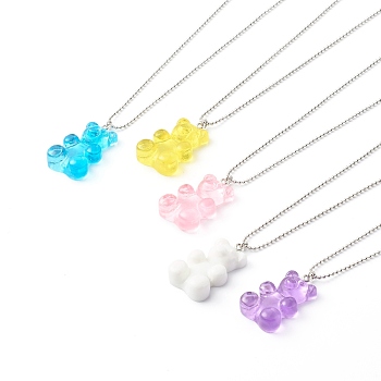 304 Stainless Steel Ball Chain Necklaces, with Transparent Resin Pendants, Bear, Mixed Color, 55.5x0.15cm