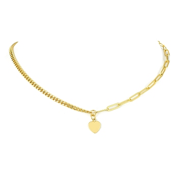 Brass Pendant Necklaces with Curb & Paperclip Chains, Golden, Heart, 17.68 inch(44.9cm), Pendant: 11.5x9mm