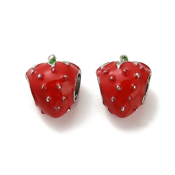 Alloy Enamel European Beads, Large Hole Beads, Strawberry, Platinum, Red, 12x10x8mm, Hole: 4.4mm