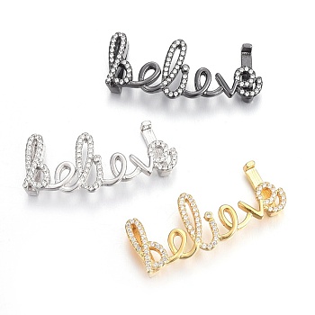 Brass Micro Pave Cubic Zirconia Slide Charms, Long-Lasting Plated, Cadmium Free & Nickel Free & Lead Free, Word Believe, Clear, Mixed Color, 15x35x6mm, Hole: 2x10mm