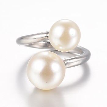 304 Stainless Steel Finger Rings, with Imitation Pearl, Size 8, Stainless Steel Color, 18mm
