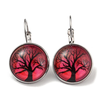 Tree of Life Glass Leverback Earrings with Brass Earring Pins, Crimson, 29mm