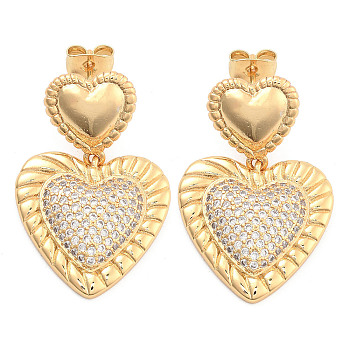 Brass Pave Clear Cubic Zirconia Stud Earrings, Heart, Heart, 30x20mm