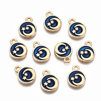 Alloy Enamel Charms, with Crystal Rhinestone with Glitter Powder, Cadmium Free & Lead Free, Flat Round with Moon, Light Gold, Blue, 13x10x2mm, Hole: 1.6mm