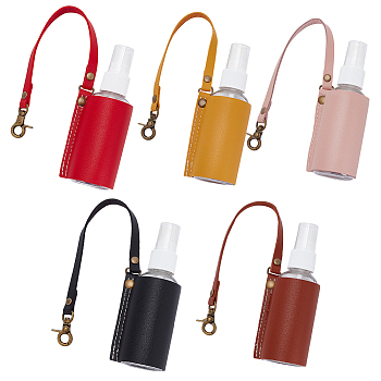 WADORN 5Pcs 5 Colors Plastic Hand Sanitizer Bottle with PU Leather Cover, Portable Travel Squeeze Bottle Keychain Holder, Mixed Color, 33.5cm, Capacity: 60ml(2.03fl. oz), 1pc/color