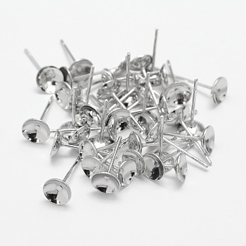 Brass Stud Earring Settings, Cadmium Free & Nickel Free & Lead Free, Real Platinum Plated, 13x4mm, Pin: 0.8mm, Tray: 3mm