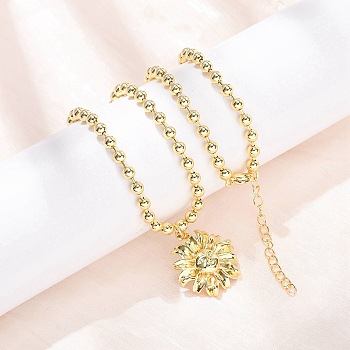 Brass Flower Pendant Ball Chain Necklaces, Rack Plating, Long-Lasting Plated, Cadmium Free & Lead Free, Real 18K Gold Plated, 17.64 inch(44.8cm)