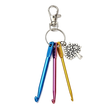 Aluminum Crochet Hooks & Alloy Pendant Decorations, Alloy Swivel Lobster Claw Clasps Charms for Bag Ornaments, Tree, 130mm, Tree: 28x23.5x1.5mm