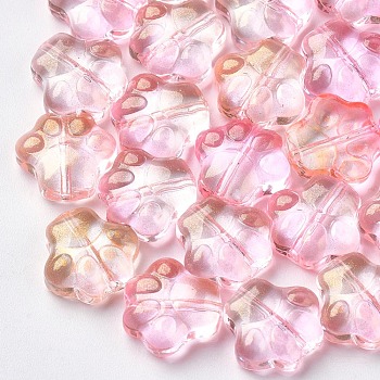 Transparent Spray Painted Glass Beads, with Glitter Powder, Dog Paw Prints, Pink, 11x12x4.5mm, Hole: 1mm