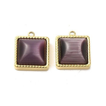 304 Stainless Steel Charms, with Cat Eye, Saqure Charms, Real 14K Gold Plated, Purple, 14.5x12x5.3mm, Hole: 1.4mm