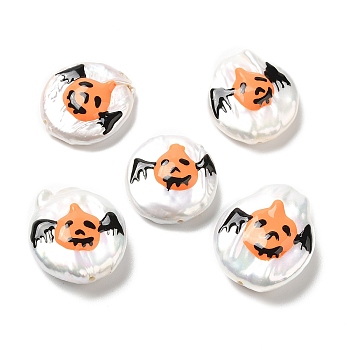 Baroque Style Natural Keshi Pearl Beads, Halloween Theme Beads with Enamel, Flat Round, Seashell Color, Bat, 17~20x15~17x4~7mm, Hole: 0.7mm