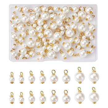 80Pcs 4 Style Eco-Friendly Dyed Glass Pearl Pendants, with Alloy Daisy Spacer Beads and Iron Flat Head Pins, Round, Golden, White, 12.5~19x6~12mm, Hole: 2.5~3.5mm, 20pcs/style