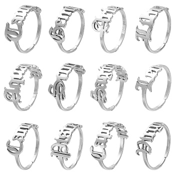 12Pcs 12 Constellation 304 Stainless Steel Open Cuff Rings Set for Women, Stainless Steel Color, US Size 7 1/4(17.5mm)~US Size 7 3/4(17.9mm), 1Pc/style