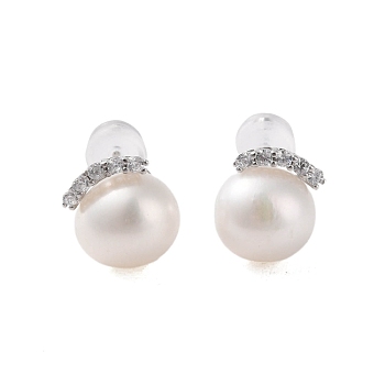 925 Sterling Silver Studs Earring, with Cubic Zirconia and Natural Pearl, Platinum, 10.5x9.5mm