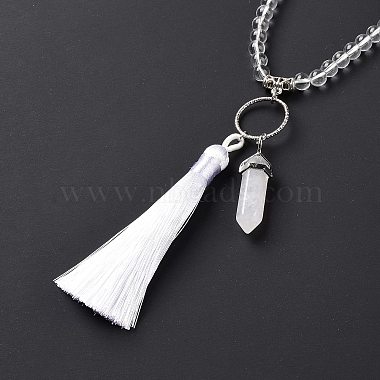 Natural Quartz Crystal Bullet & Tassel Pendant Necklace with Mixed Gemstone Beaded Chains(NJEW-E585-02G)-4