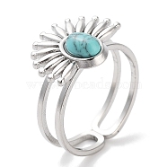 Ion Plating(IP) 304 Stainless Steel Ring, Synthetic Turquoise Rings, Flower, 15.5x12.5mm, Inner Diameter: Adjustable(RJEW-B059-01P-03)