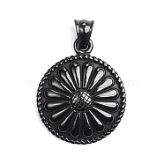 304 Stainless Steel Pendants, Flat Round with Flower, Electrophoresis Black, 34x28x5.5mm, Hole: 5x6mm(STAS-F163-96B)