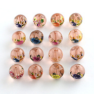 Flower Picture Transparent Glass Round Beads, Mixed Color, 14x13mm, Hole: 1.5mm(GFB-R004-14mm-M18)