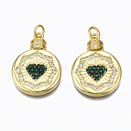 Brass Micro Pave Cubic Zirconia Pendants, with Jump Rings, Nickel Free, Flat Round with Heart, Real 16K Gold Plated, Dark Green, 24.5x18x3mm, Hole: 3mm(ZIRC-N039-148C-NF)