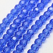 Glass Beads Strands, Faceted(32 Facets), Round, Blue, 8mm, Hole: 1.5mm, about 66~67pcs/strand, 15.12 inch~15.35 inch(38.4~39cm)(EGLA-J042-8mm-02)