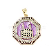 Rack Plating Brass Micro Pave Clear Cubic Zirconia Pendants, with Enamel, Long-Lasting Plated, Lead Free & Cadmium Free, Hexagon & Castle Charms, Violet, 27.5x25x3mm, Hole: 3.5x6mm(KK-H474-22G-02)