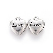 Tibetan Style Zinc Alloy Charms, Heart with Word Love, For Valentine's Day, Antique Silver, 12.5x11.5x5mm, Hole: 1.8mm(PALLOY-I141-14AS)